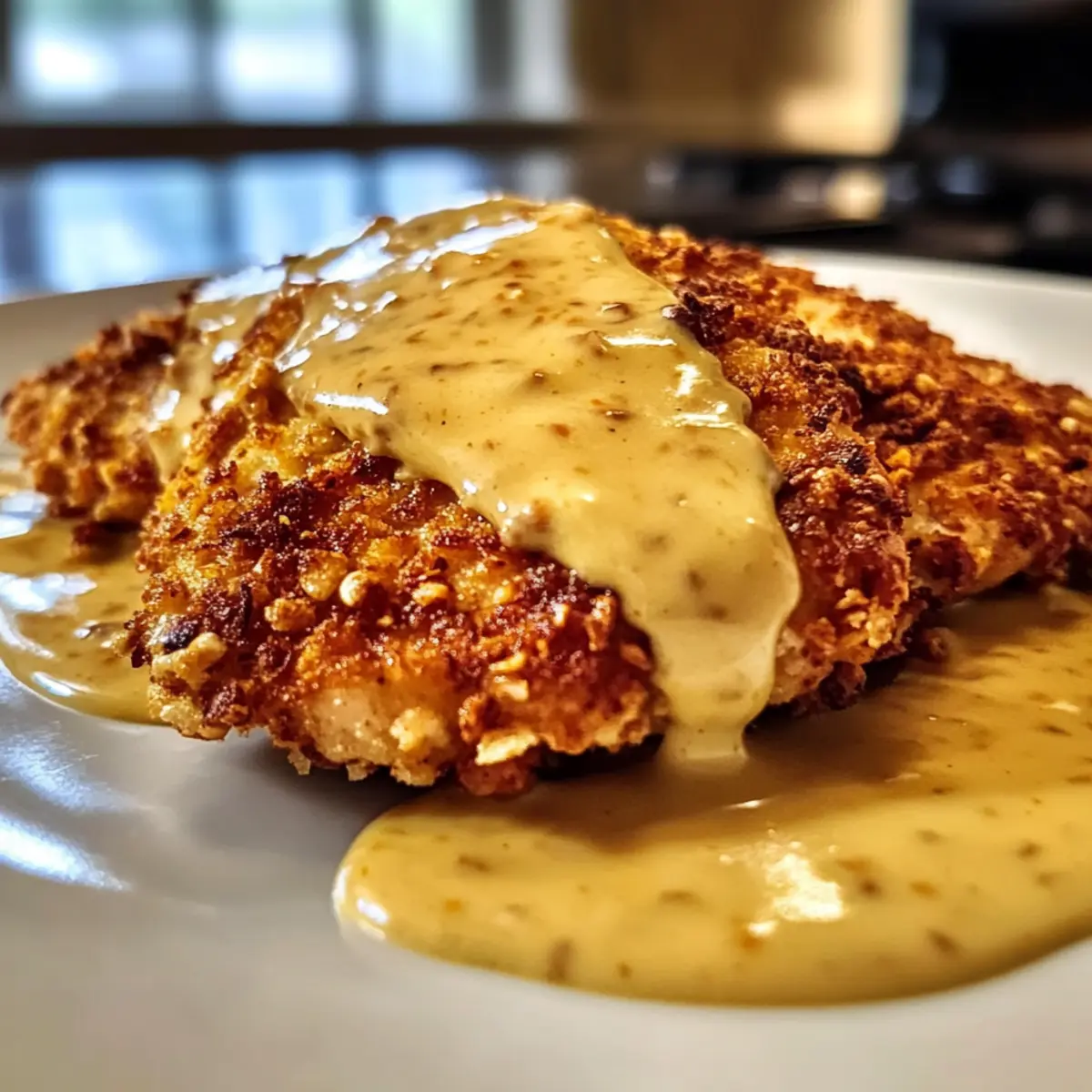 Pretzel Chicken with Mustard-Cheddar Sauce