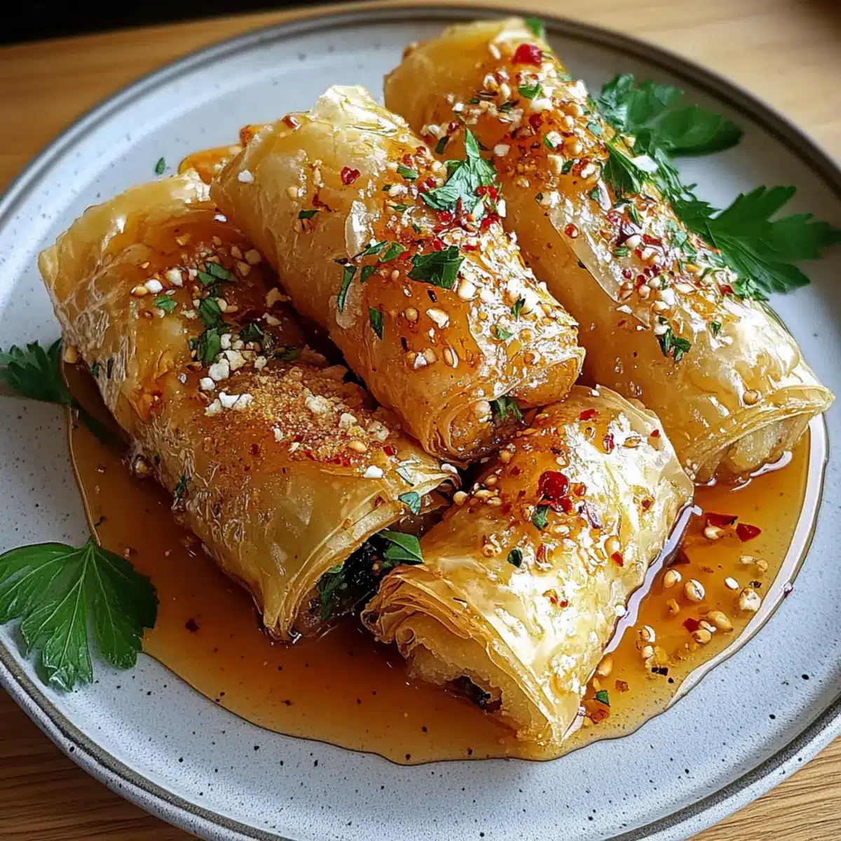 Oven Fried Feta Rolls with Chili Honey
